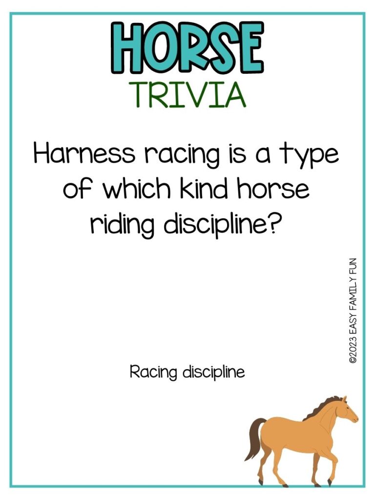 in post image with white background, teal border, teal title that says "Horse Trivia", text of a horse trivia question and an image of a horse