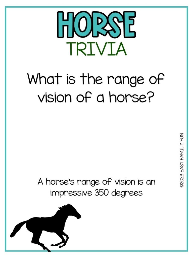 in post image with white background, teal border, teal title that says "Horse Trivia", text of a horse trivia question and an image of a horse