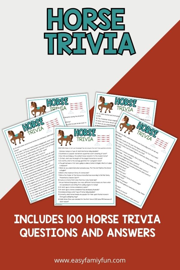 mockup image with grey and red background, teal title that says "Horse Trivia" and images of horse trivia printables