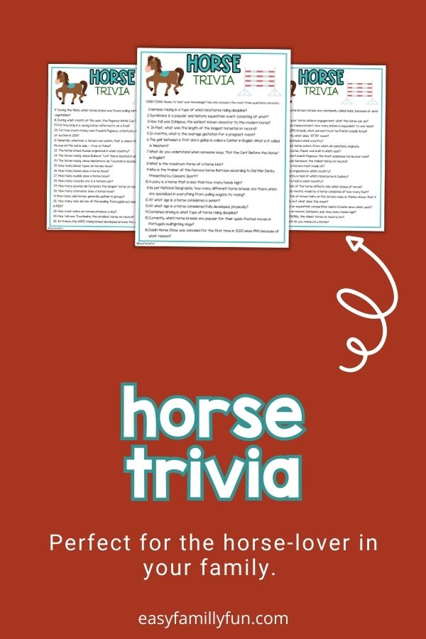 mockup image with red background, white and teal title that says "Horse Trivia" and images of horse trivia printables