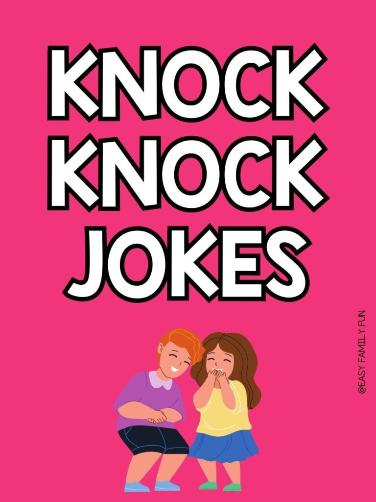 pin image with bright pink background, bold white title that says "Knock Knock Jokes" and image of kids laughing