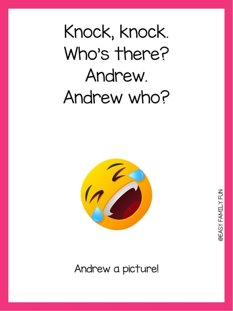 in post image with white background, pink border, black text with joke, and an image of laughing emoji