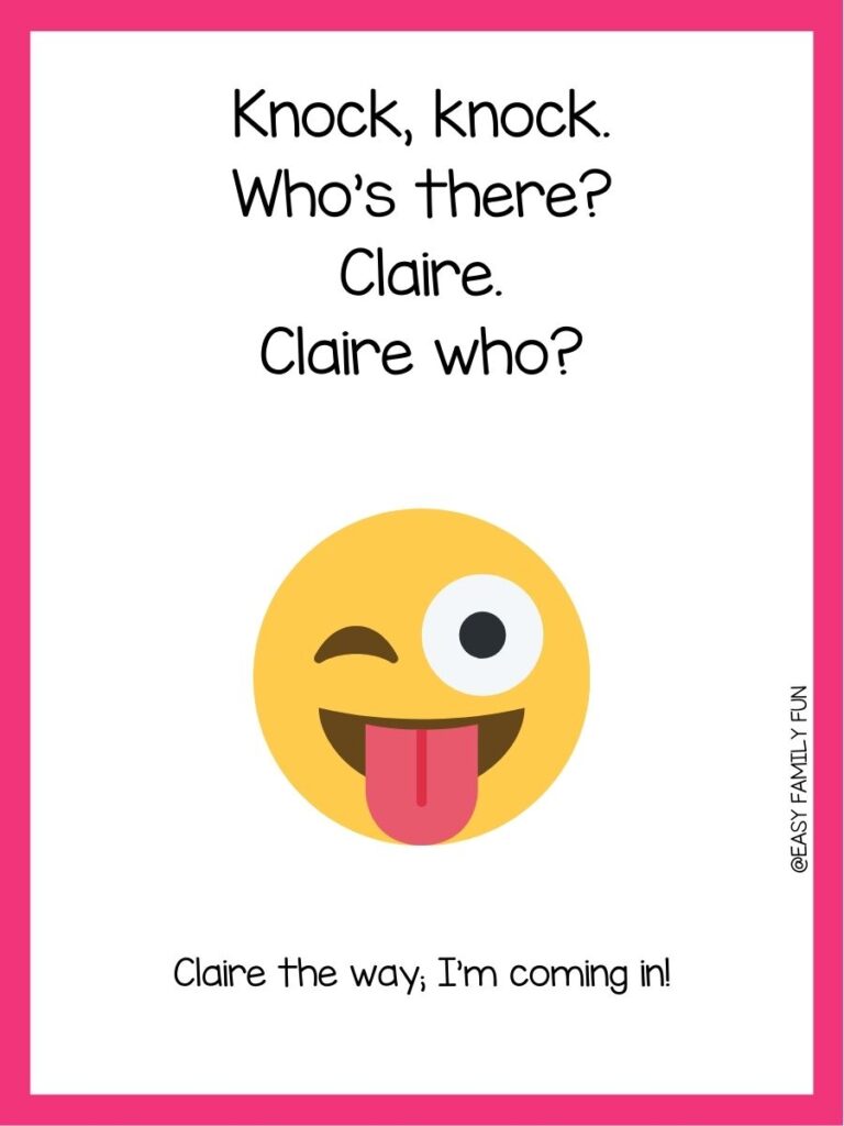 in post image with white background, pink border, black text with joke, and an image of silly emoji