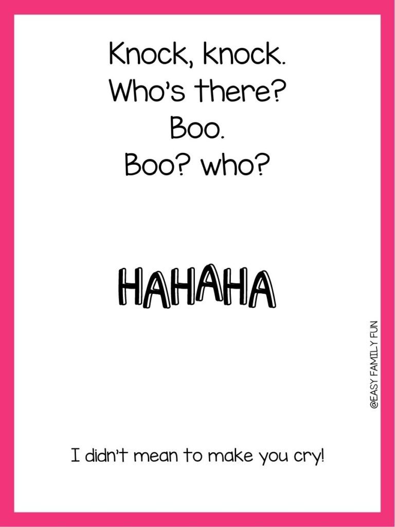 in post image with white background, pink border, black text with joke, and an image of HAHAHA
