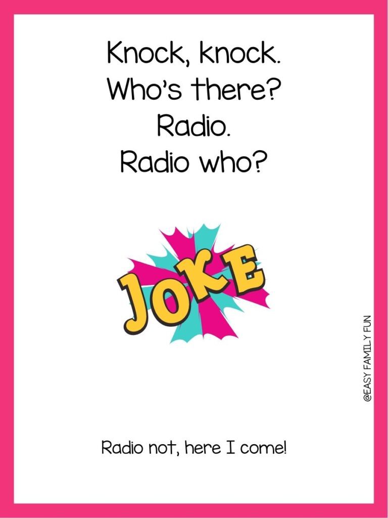 in post image with white background, pink border, black text with joke, and an image of JOKE