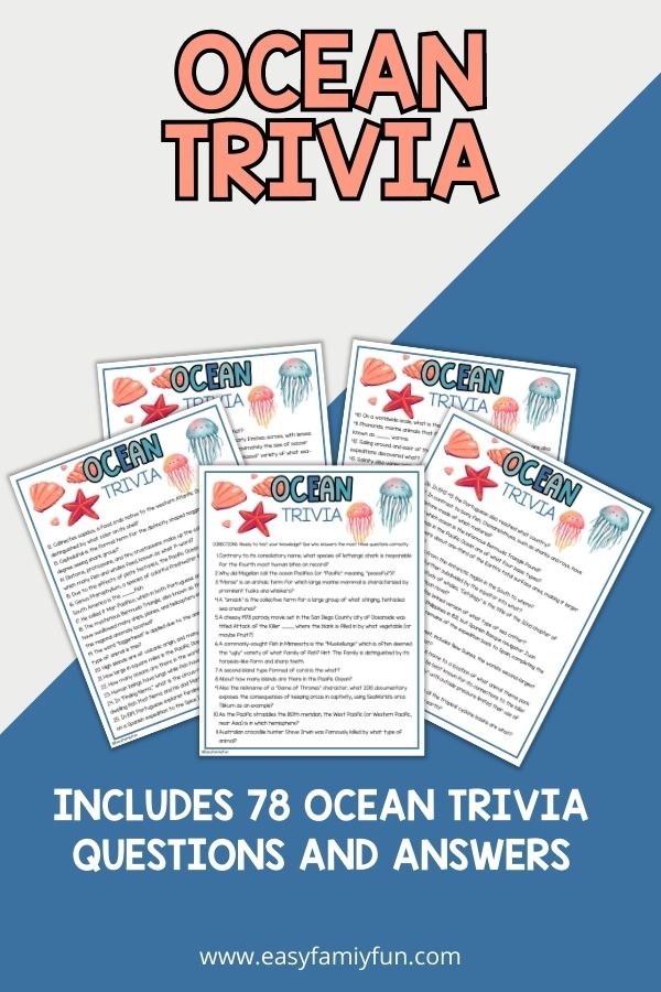 mockup image with grey and blue background, bold coral title that says "ocean trivia" and images of ocean trivia printable. 
