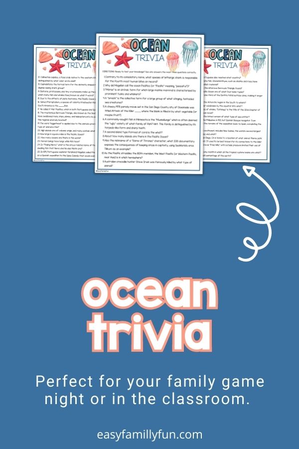 mockup image with blue background,  bold white and coral title that says "Ocean Trivia", and images of ocean trivia printable 