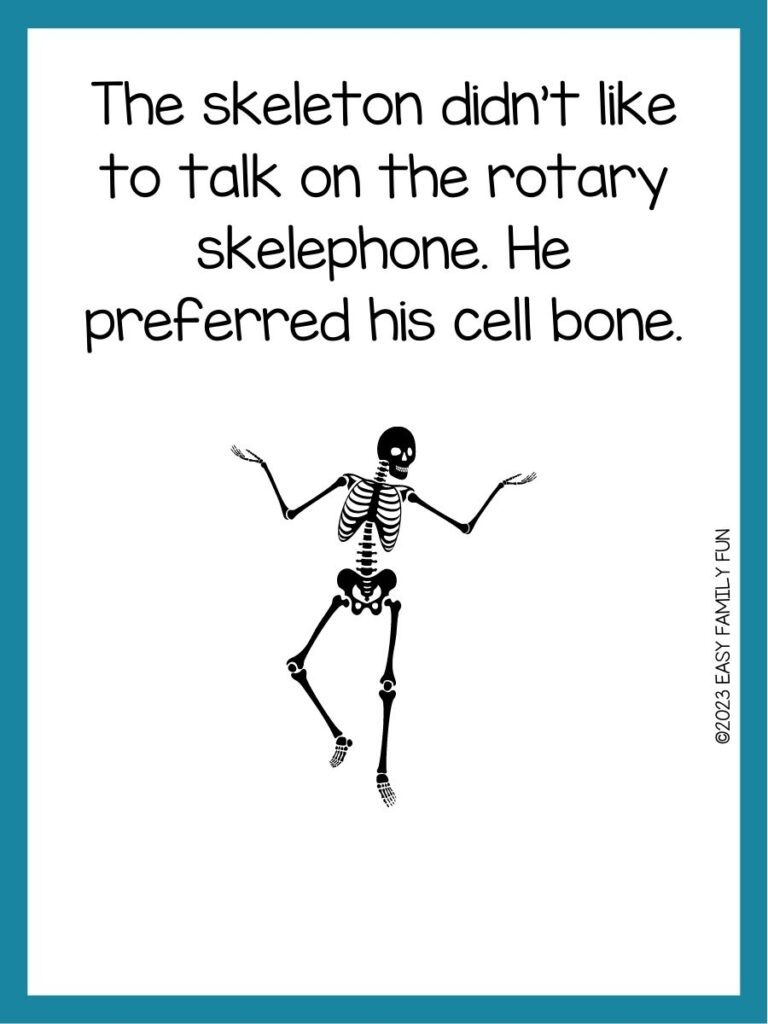 in post image with teal border, white background, text of a skeleton pun, and image of a skeleton
