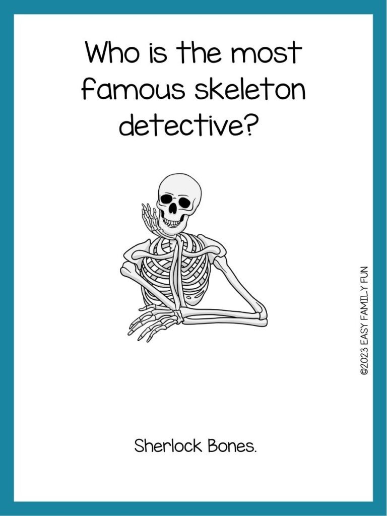 in post image with teal border, white background, text of a skeleton pun, and image of a skeleton