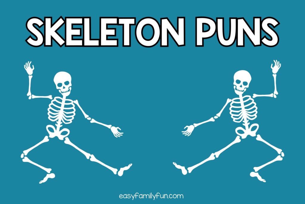 featured image with teal background, bold white title that says "Skeleton Puns" and images of skeletons dancing