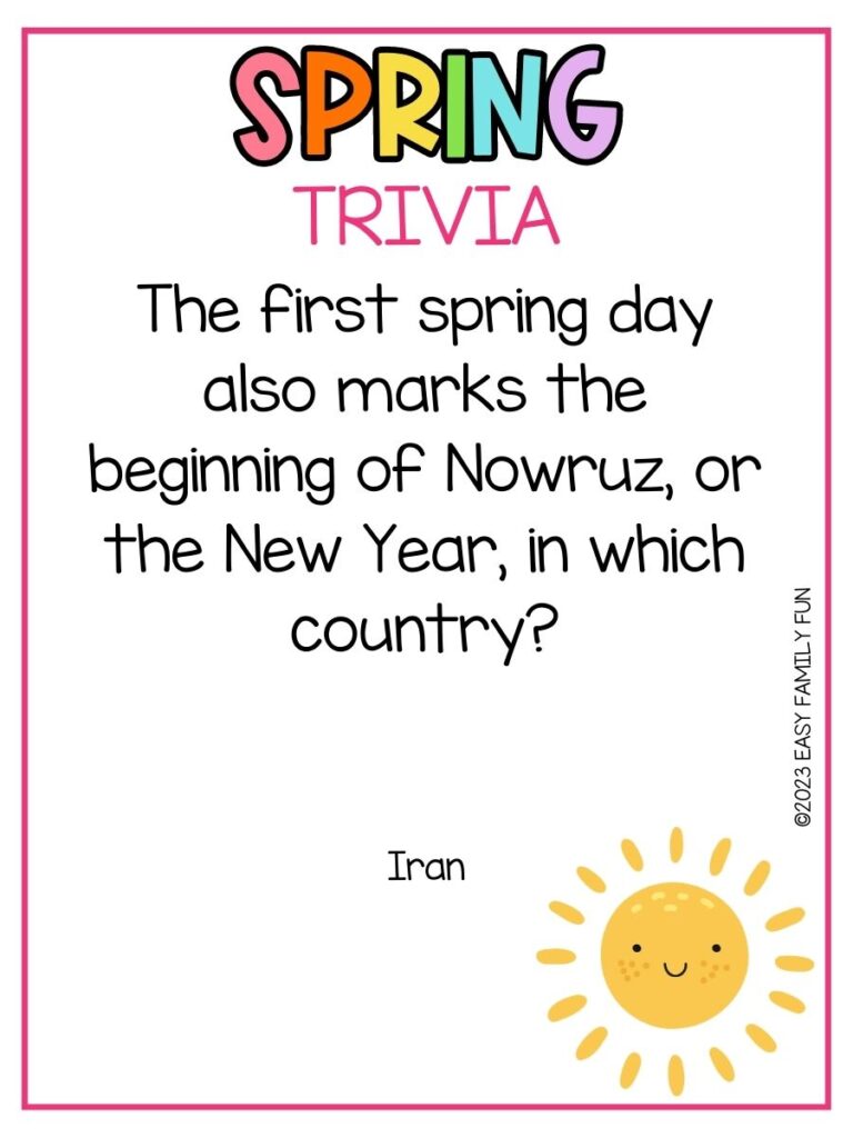 in post image with white background, pink border, bold rainbow title that says "Spring Trivia", text of spring trivia question and image of sun
