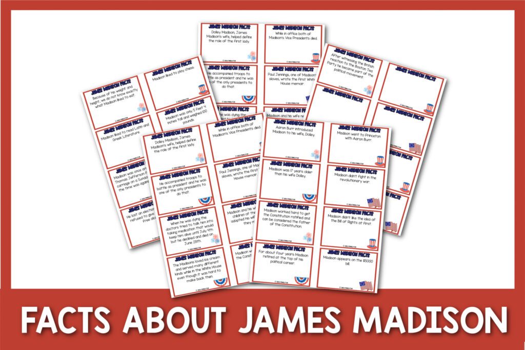 featured image with white background, red border, bold white title that says "Facts About James Madison" and images of James Madison Facts printable