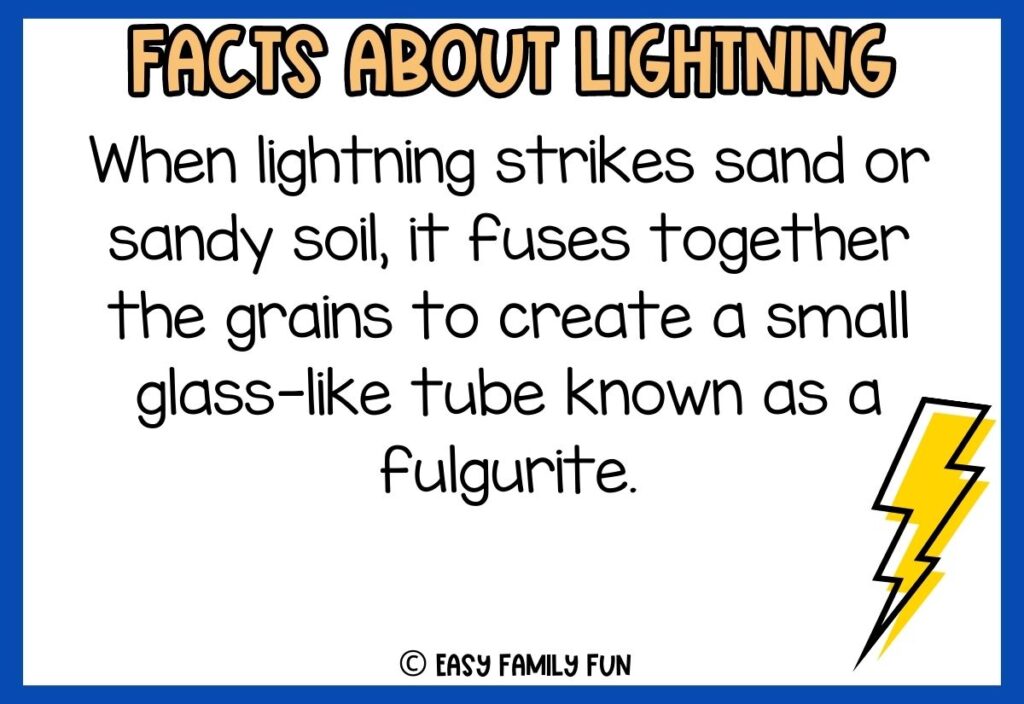 white background, blue border saying facts about lightning with a image of lightning bolt