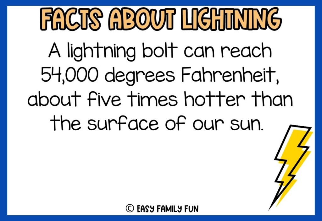 white background, blue border saying facts about lightning with a image of lightning bolt
