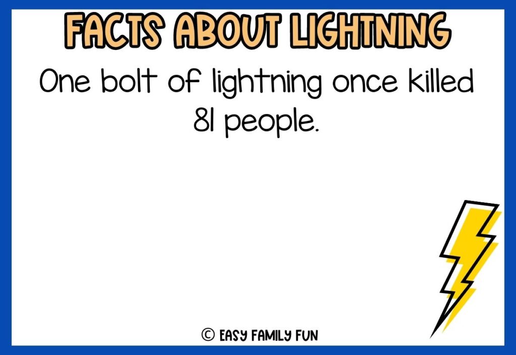 white background, blue border saying facts about lightning with a image of lightning bolt
