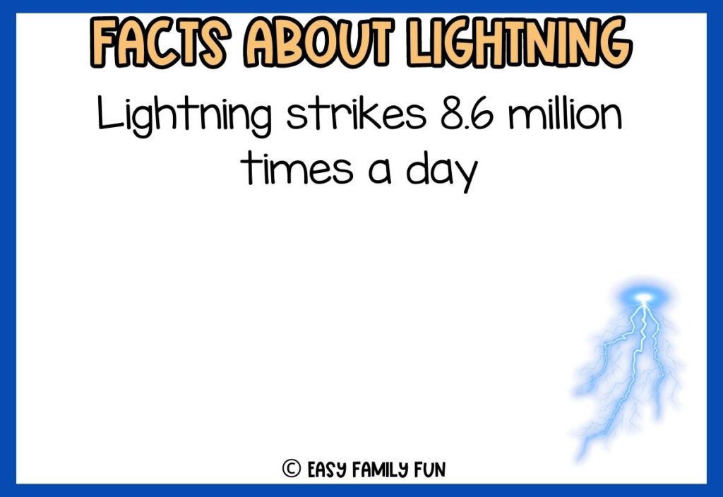 white background, blue border saying facts about lightning with a image of color blue lightning bolt