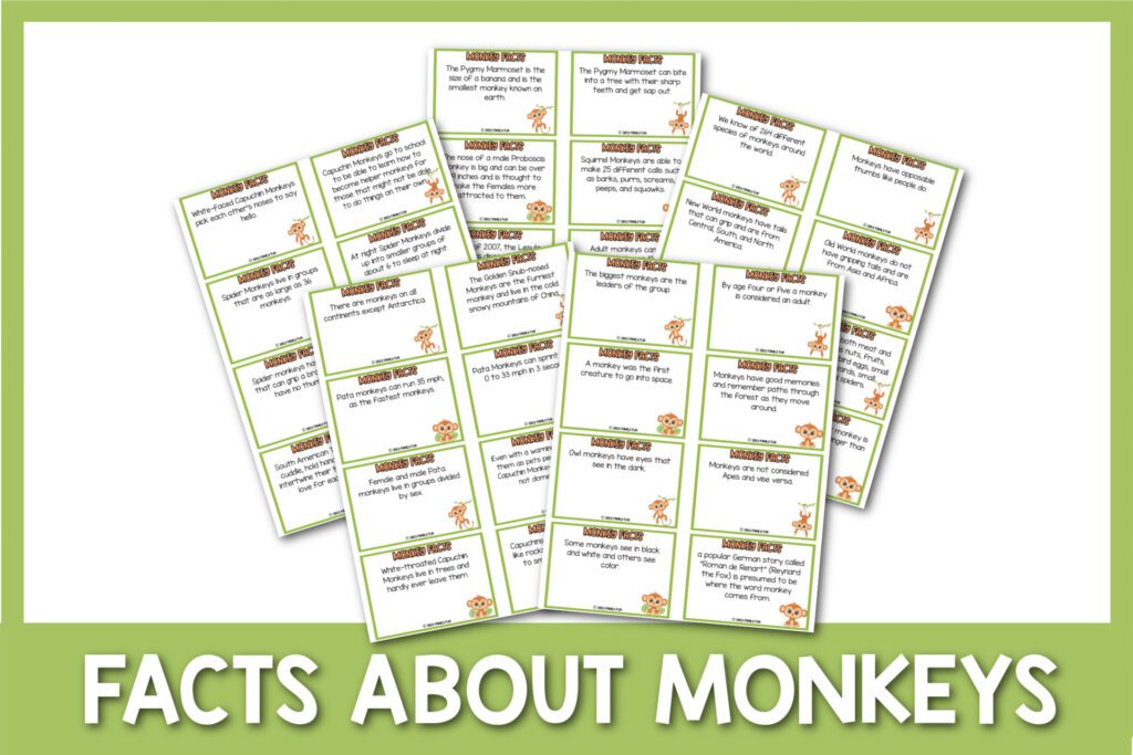 featured image with white background, green border, bold white title that says "Facts About Monkeys" and images of facts about monkey printables