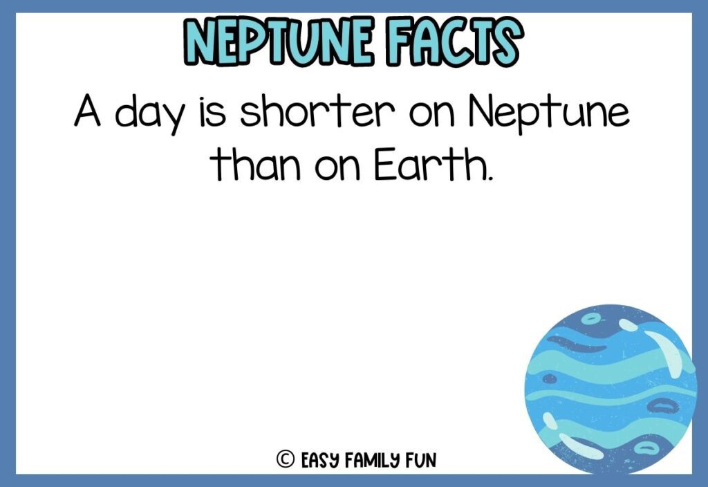 in post image with white background, blue border, blue title that says "Neptune Facts", text of Neptune fact, and an image of Neptune