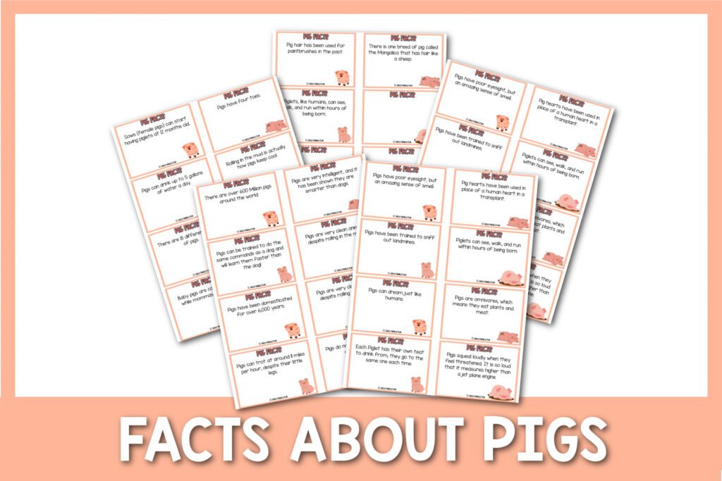 featured image with peach border, white background, bold white title that says "Facts About Pigs" and images of facts about pigs printable