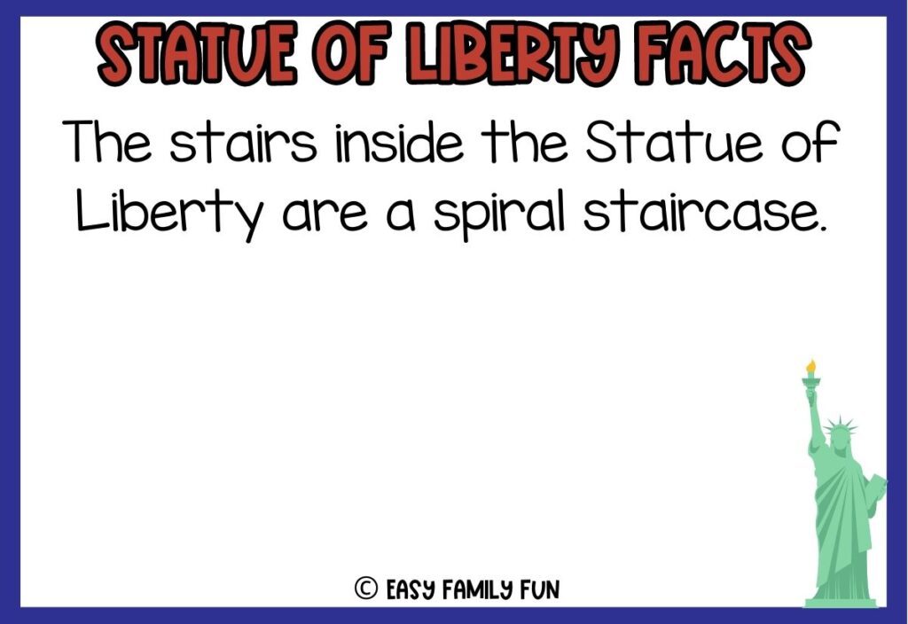 in post image with white background, blue border, red title that says "Statue of Liberty Facts", text of a Statue of Liberty fact and an image of the Statue of Liberty