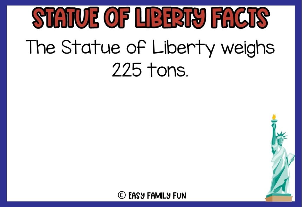 in post image with white background, blue border, red title that says "Statue of Liberty Facts", text of a Statue of Liberty fact and an image of the Statue of Liberty