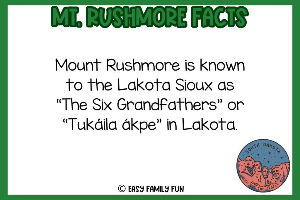 white background, green border, text of Mt. Rushmore facts, and an image of vintage vector south dakota.