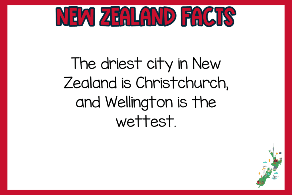 white background, red border, text of New Zealand facts, and an image of landmark New Zealand map in green color
