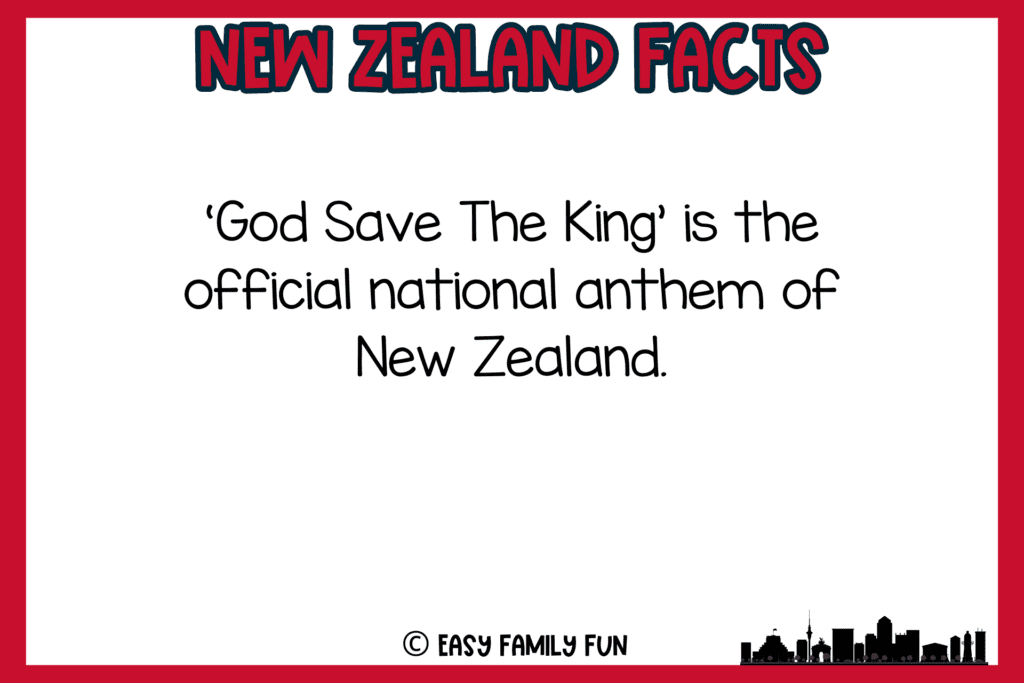 white background, red border, text of New Zealand facts, and  silhouette of Wellington New Zealand City Skyline 
