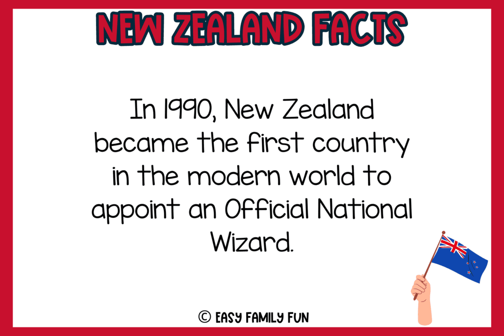white background, red border, text of New Zealand facts, and an image of a hand raising a flag
