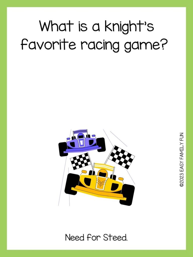 yellow and purple car with green border and racing car jokes
