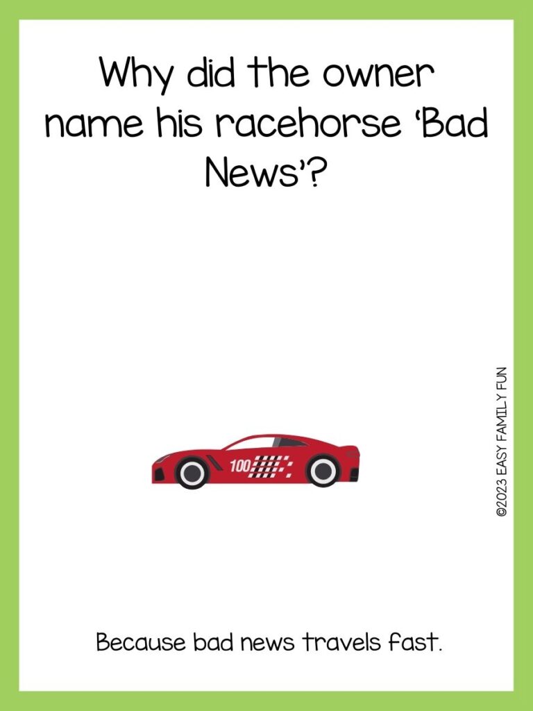 green border with white background and an image of red car saying racing jokes
