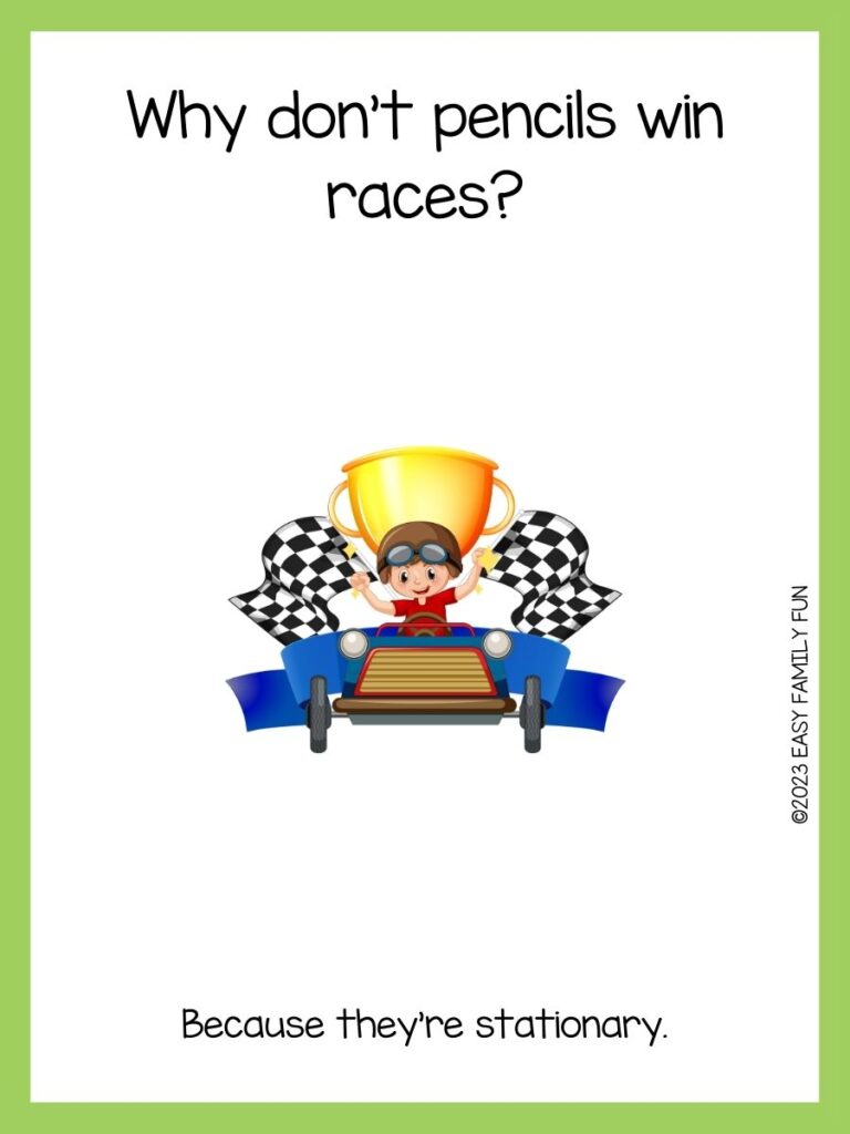 green border, white background and an image of a kid, trophy and 2 flags saying racing jokes
