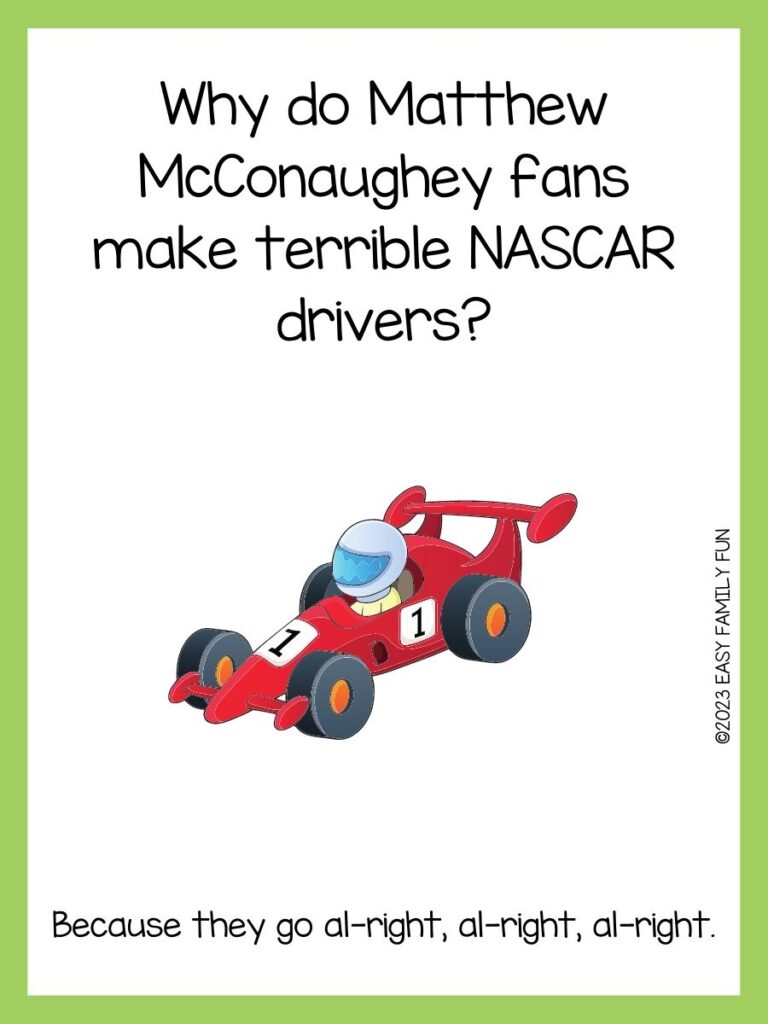 green border, white background with an image of formula 1 car and kid saying  racing car jokes
