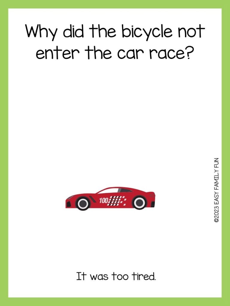 green border, white background and an image of red car saying racing jokes

