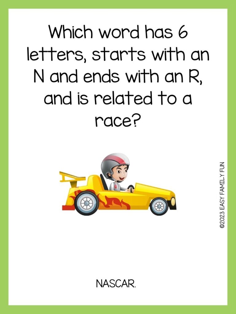 green border, white background and an image of a kid riding yellow car saying racing jokes
