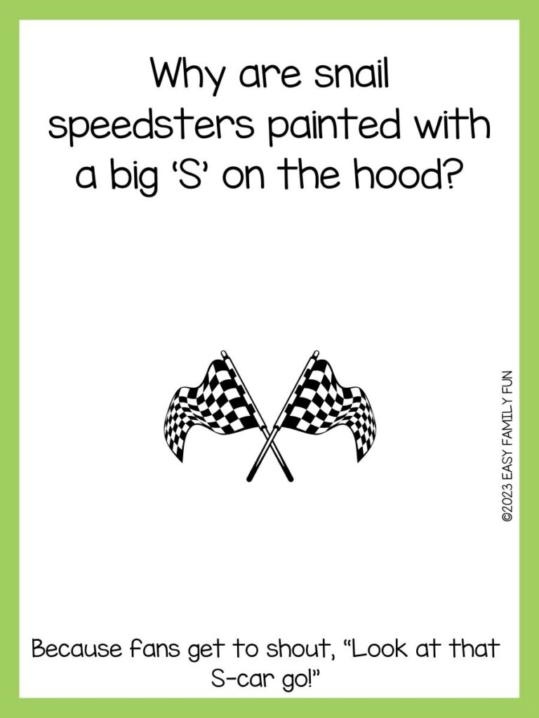in post image with white background, green border, text of racing jokes and an image of a 2 checkered flags
