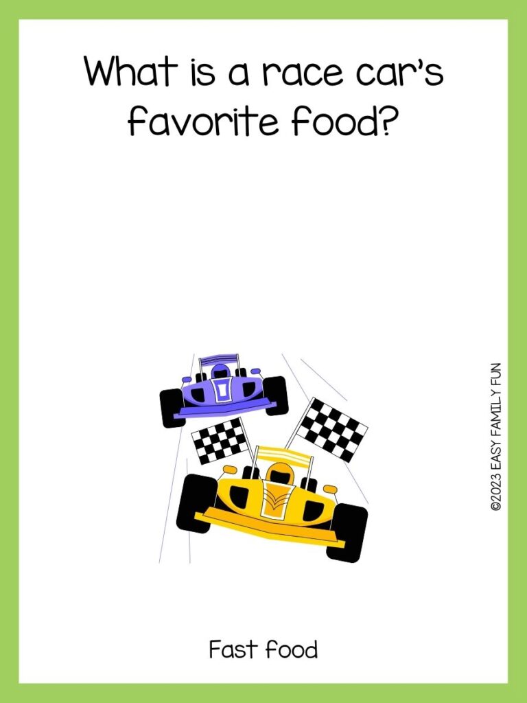 yellow and purple car with green border and racing car jokes