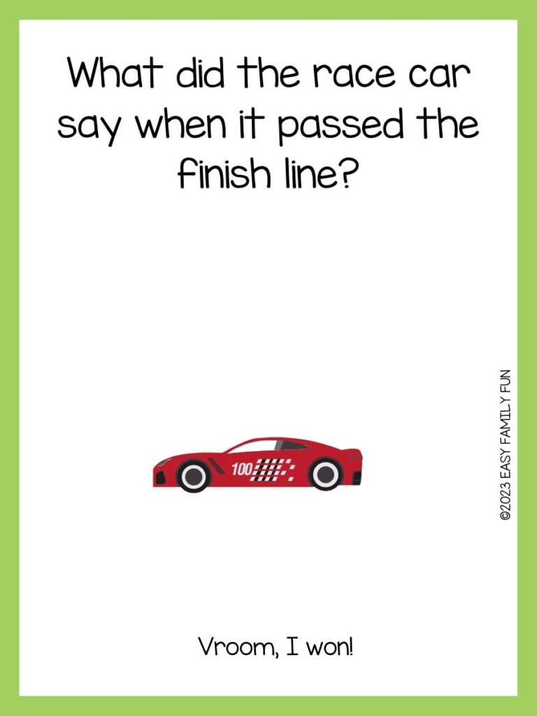 green border and an image of red car saying racing jokes