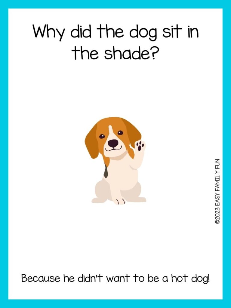in post image with white background, light blue border, title that says "dog jokes", text of a dog joke, and an image of a cute beagle dog
