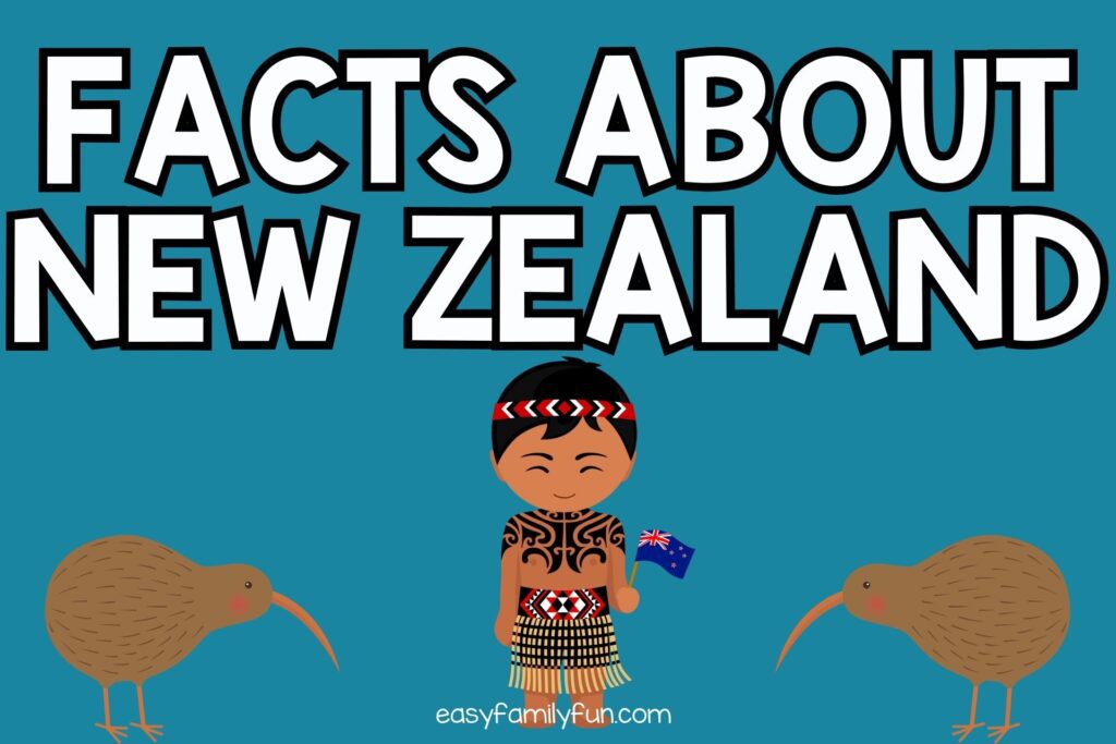 blue background with 2 kiwi birds and a native New Zealand boy with white text "facts about New Zealand"