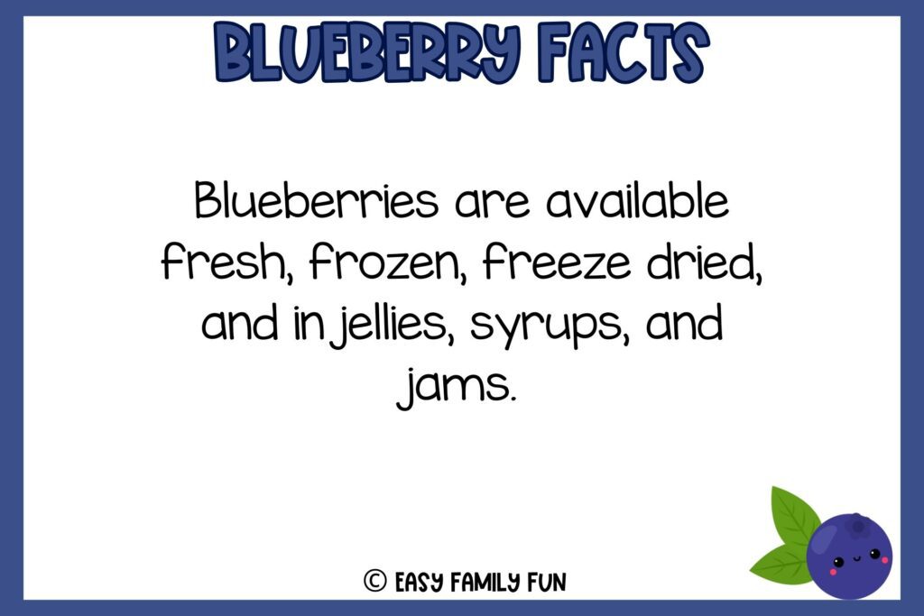 white background, navy blue border saying facts about blueberries with an image of a cute smiling blueberry 
