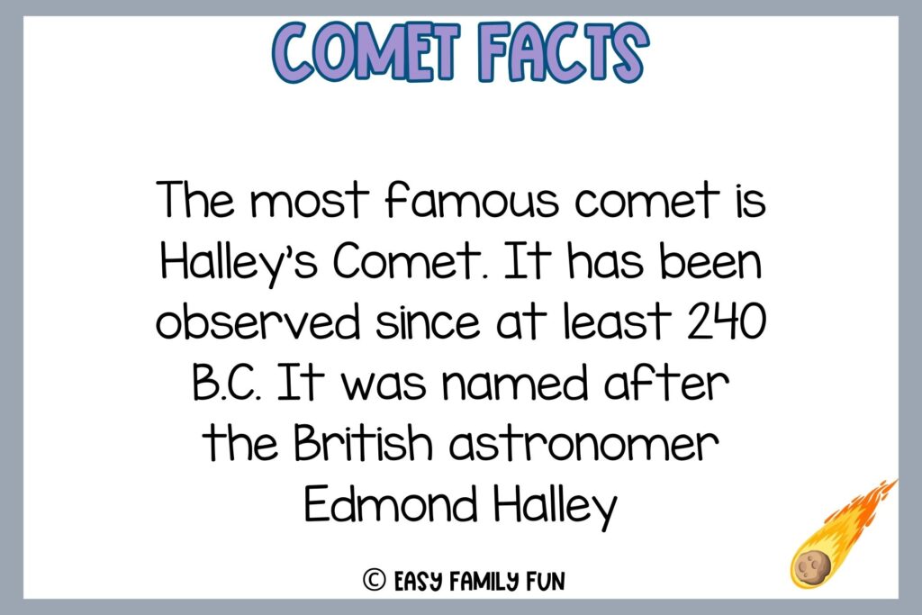 white background, gray border saying comet facts with a comet illustration 
