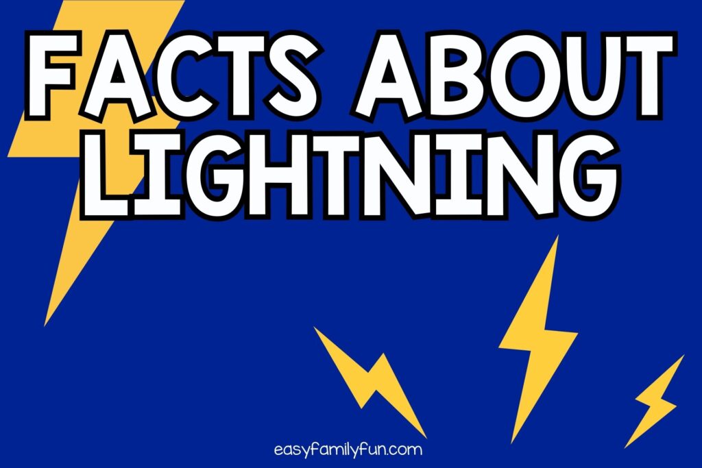 blue background with white text "facts about lightning" with 4 yellow lightning bolts