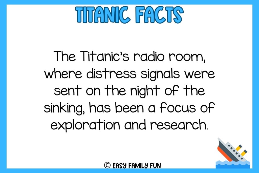 in post image with white background, light blue border, title that says "Titanic Facts", text of a fact about titanic, and an image of a ship sinking
