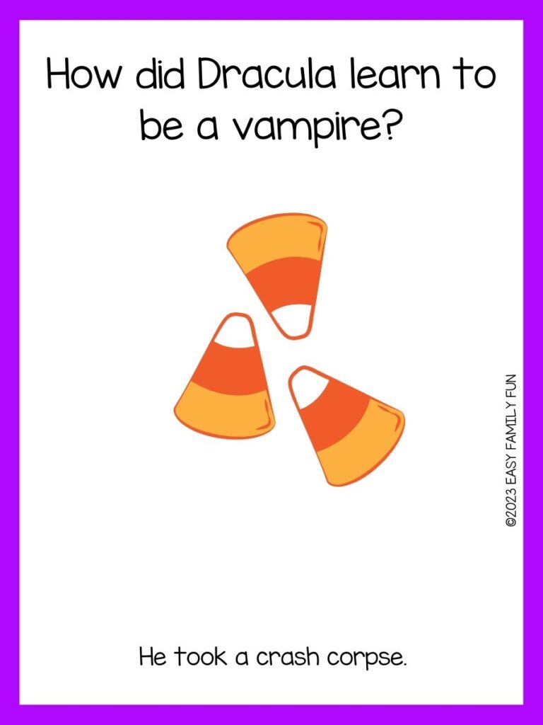 white background, purple border saying Halloween jokes with an image of a 3 candies in orange color
