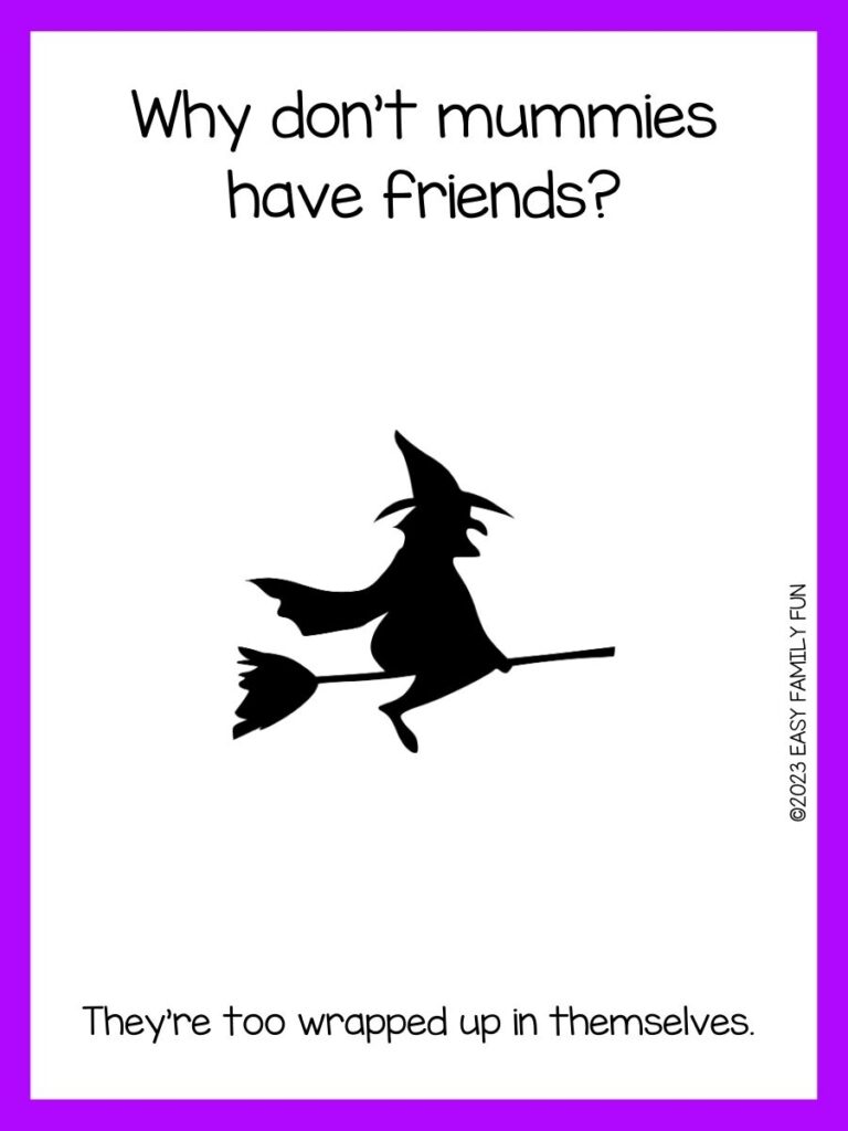 white background, purple border saying Halloween jokes with an image of a witch riding a broom
