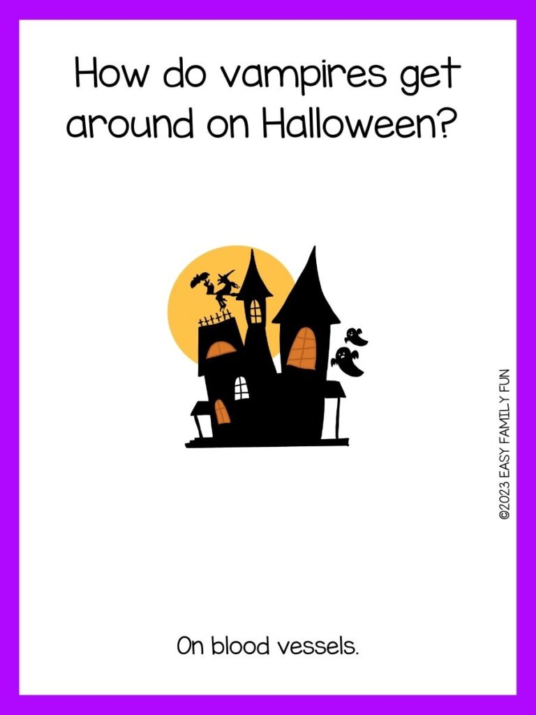 white background, purple border saying Halloween jokes with an image of a castle, flying witch in a broom and ghosts