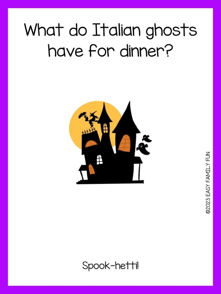 white background, purple border saying Halloween jokes with an image of a castle, flying witch in a broom and ghosts
