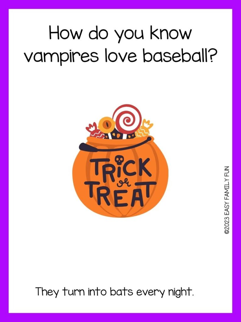 white background, purple border saying Halloween jokes with an image of a pumpkin with a text "trick or treat" and candies inside
