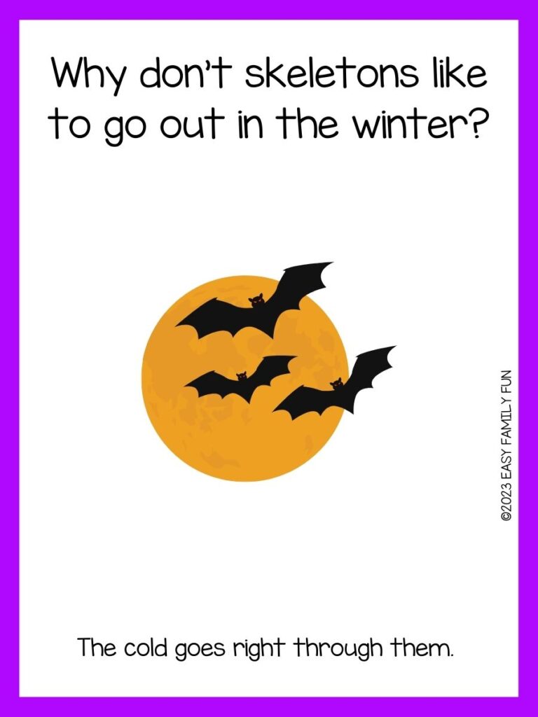 white background, purple border saying Halloween jokes with an image of a full moon and bats